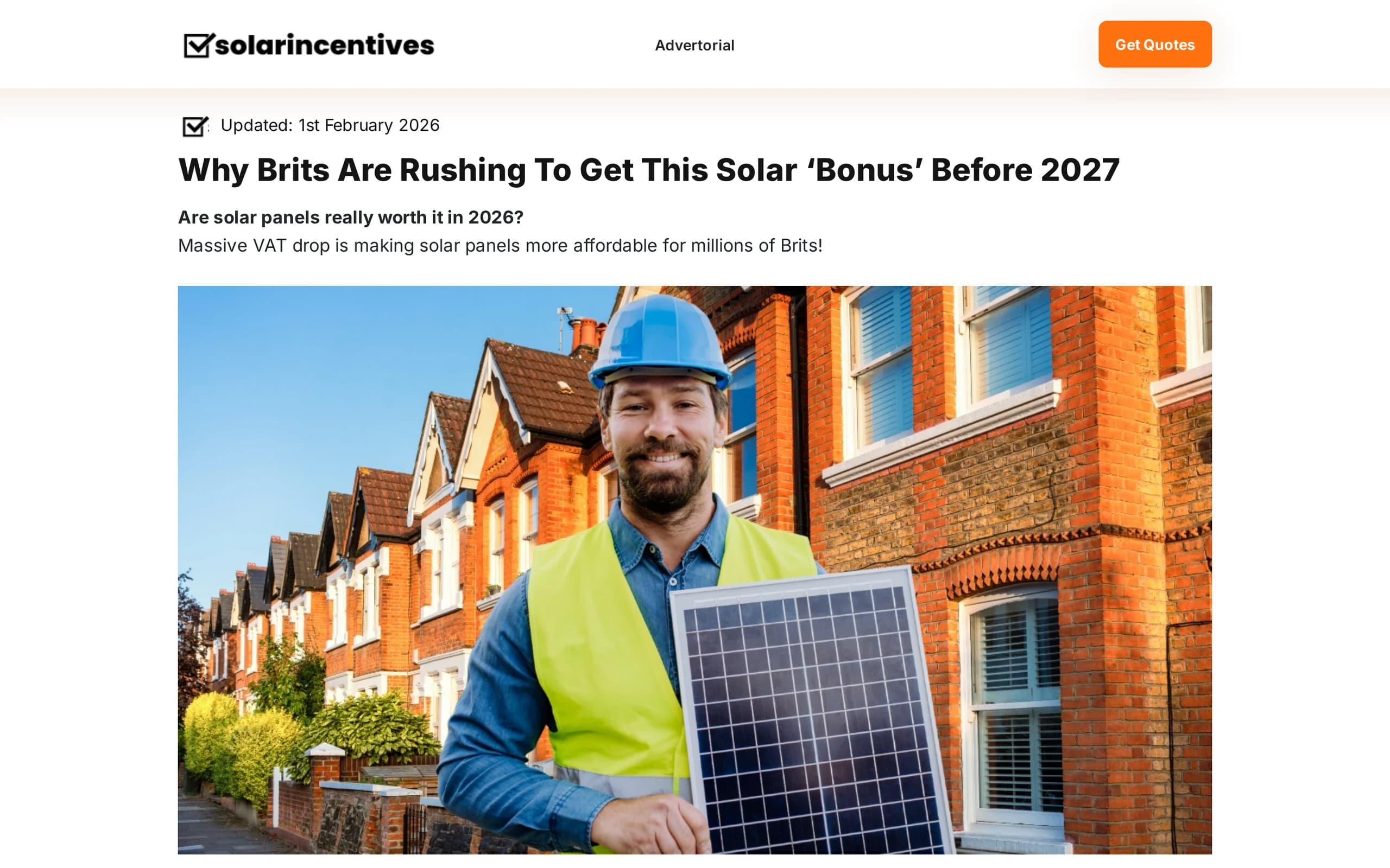Live solar advertorial that sends readers to a Leadform form: Why Brits Are Rushing To Get This Solar ‘Bonus’ Before 2027