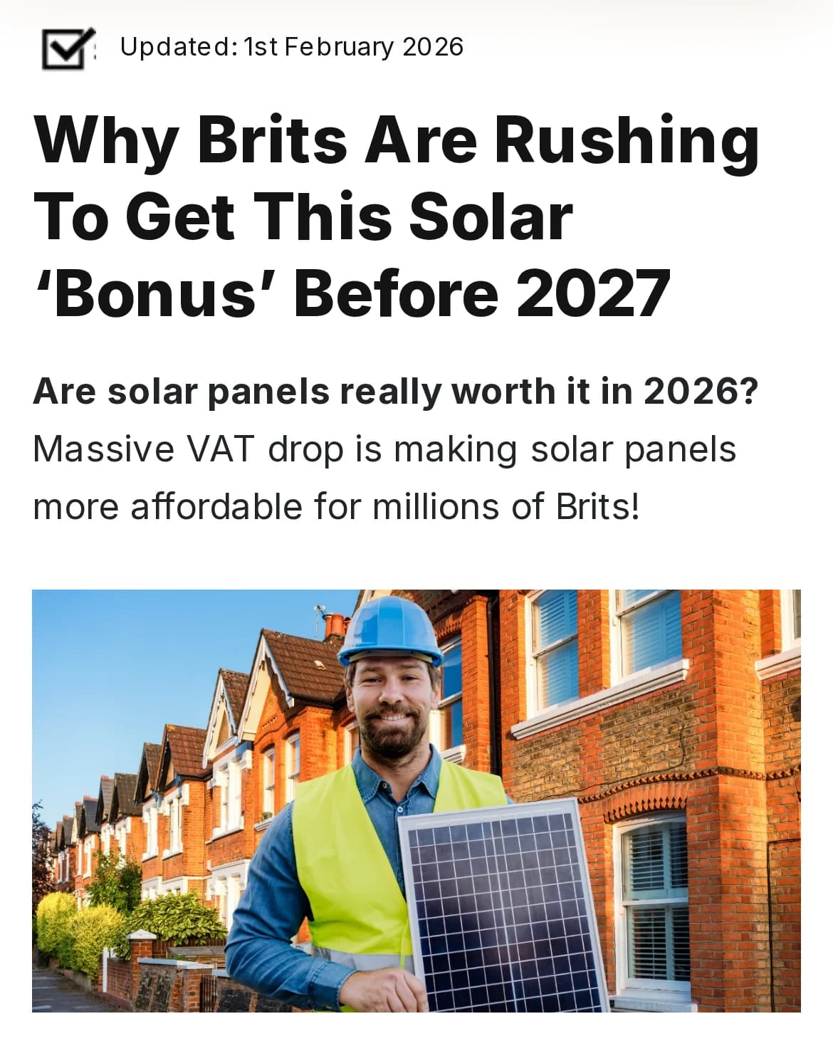 Live solar advertorial that sends readers to a Leadform form: Why Brits Are Rushing To Get This Solar ‘Bonus’ Before 2027