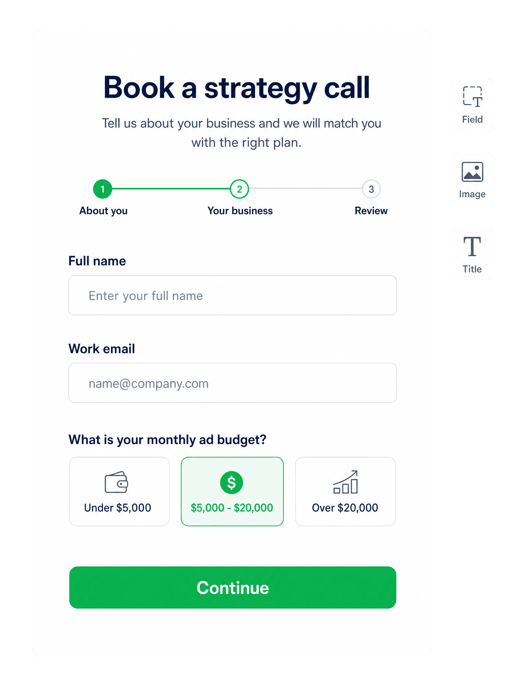 Leadform builder showing a multi-step form. Sample content.