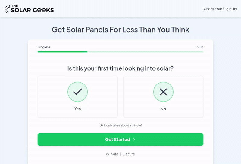 Animated walkthrough of a user completing The Solar Geeks qualification form step by step to the final thank you screen
